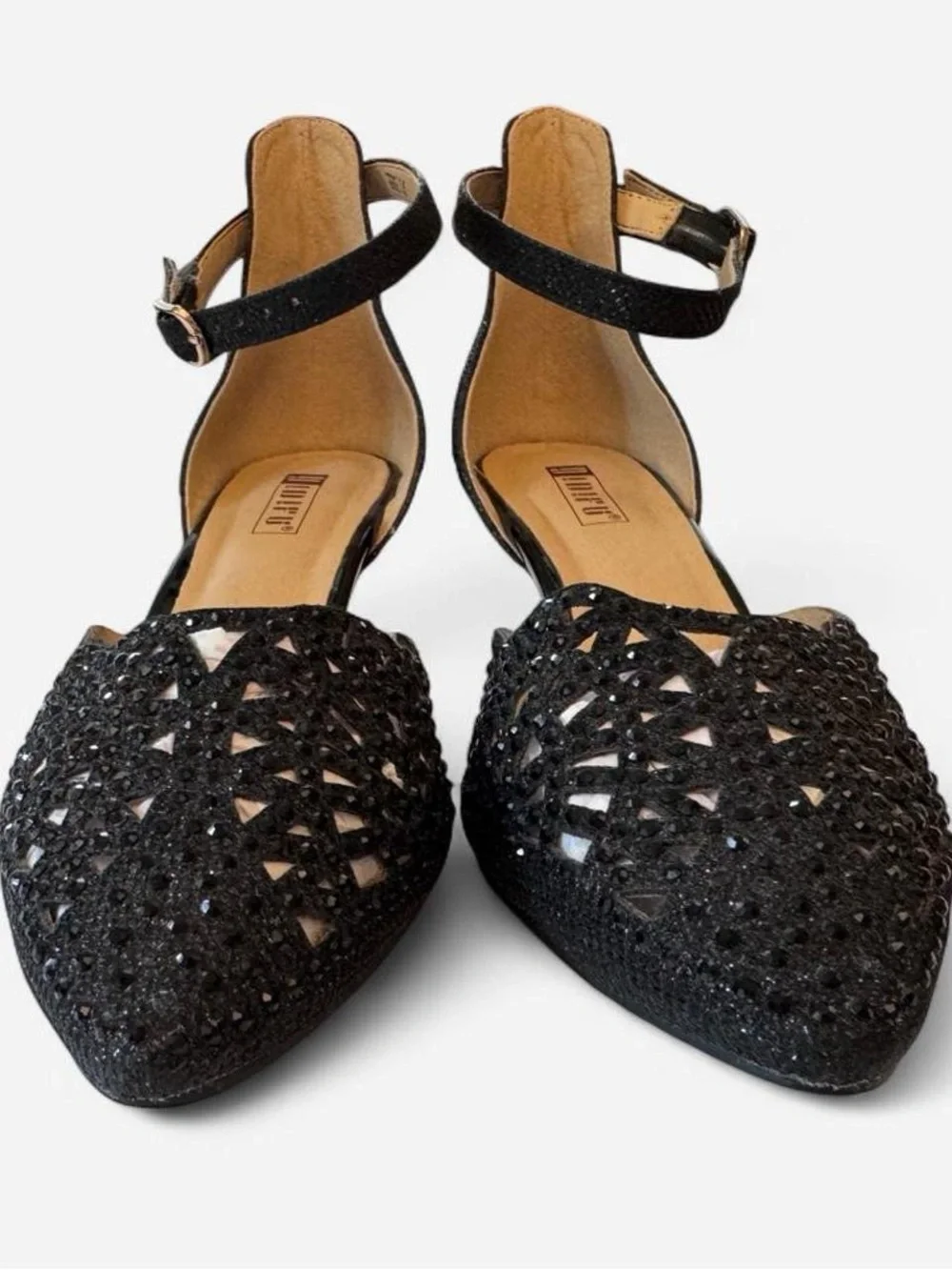 IDIFU Black Rhinestone Pearl Accent Ankle Strap Heels Size 7.5